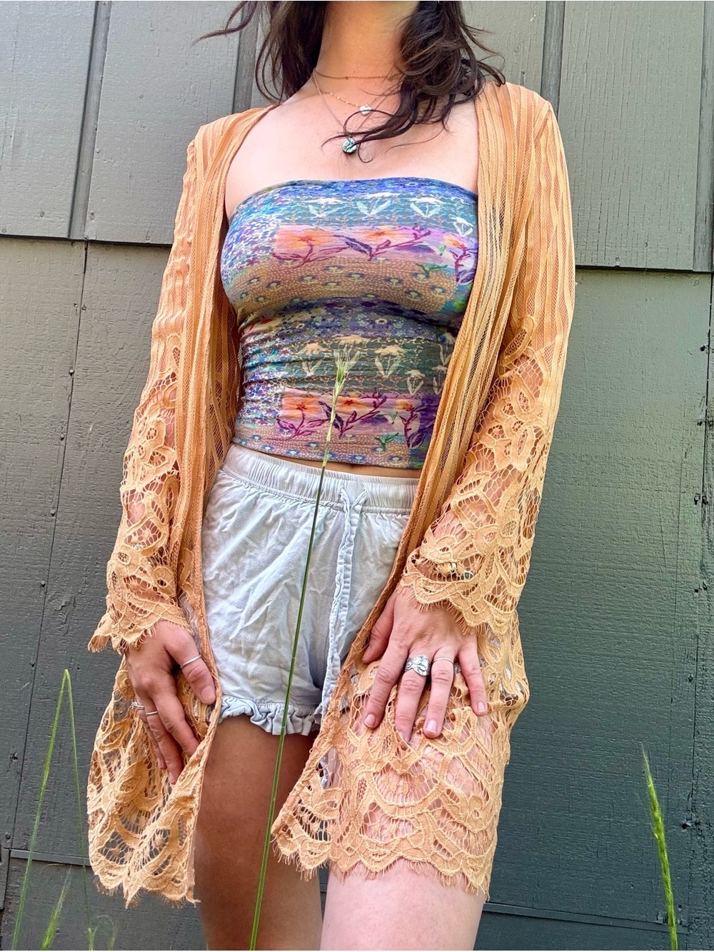 Boho Peach Floral Striped Shawl